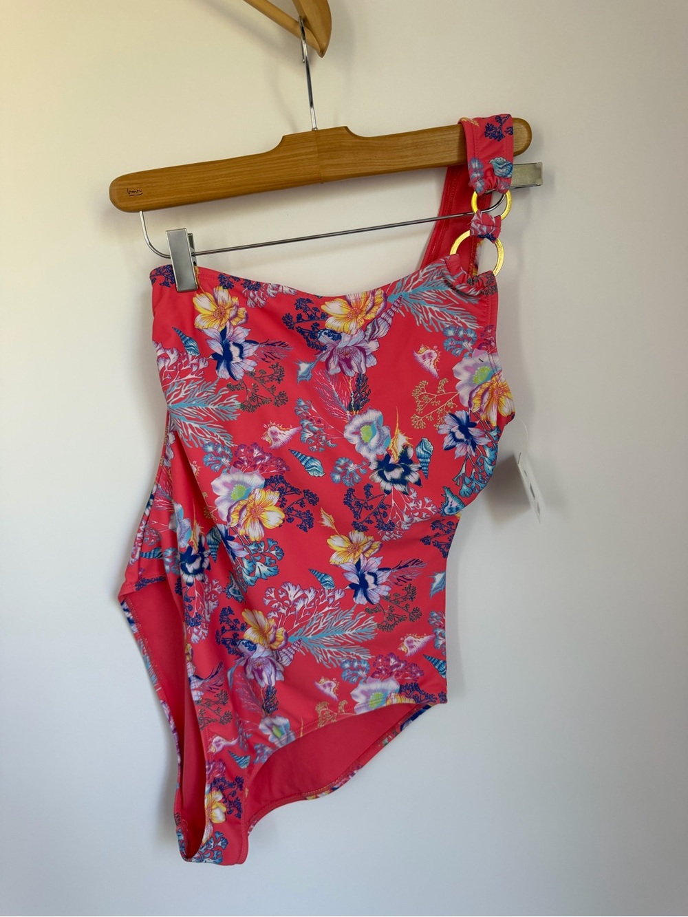 Nine West Coral Pink Floral One-Shoulder Swimsuit with Gold Ring